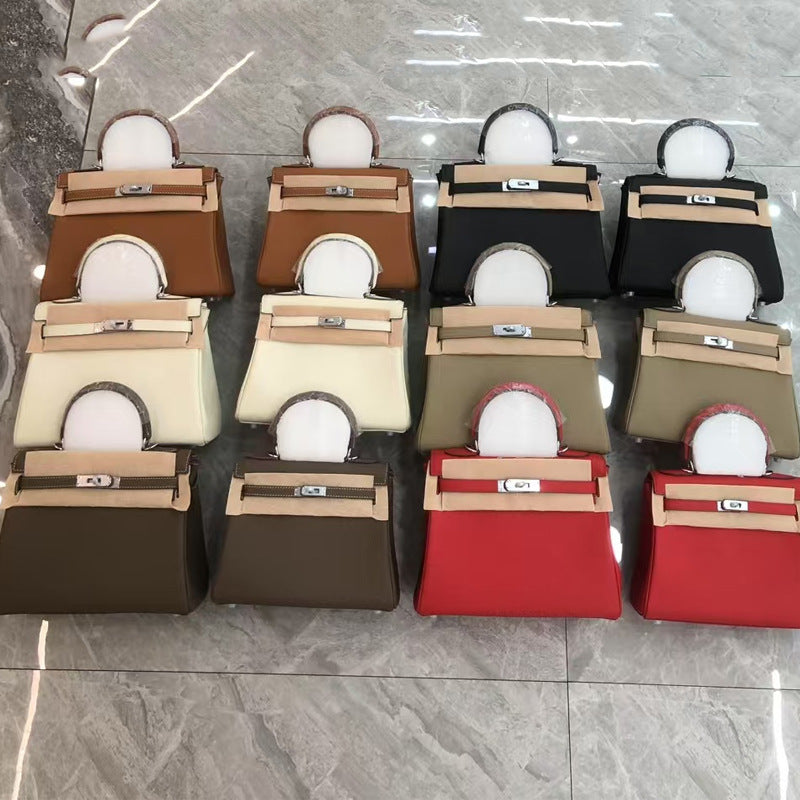 Women's Litchi Pattern First Layer Cowhide Kelly Handbags