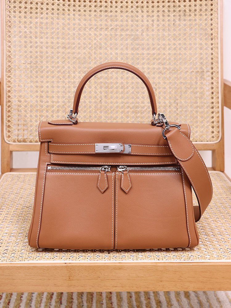 Women's Wide Strap Leather Kelly Double Pocket Crossbody Bags