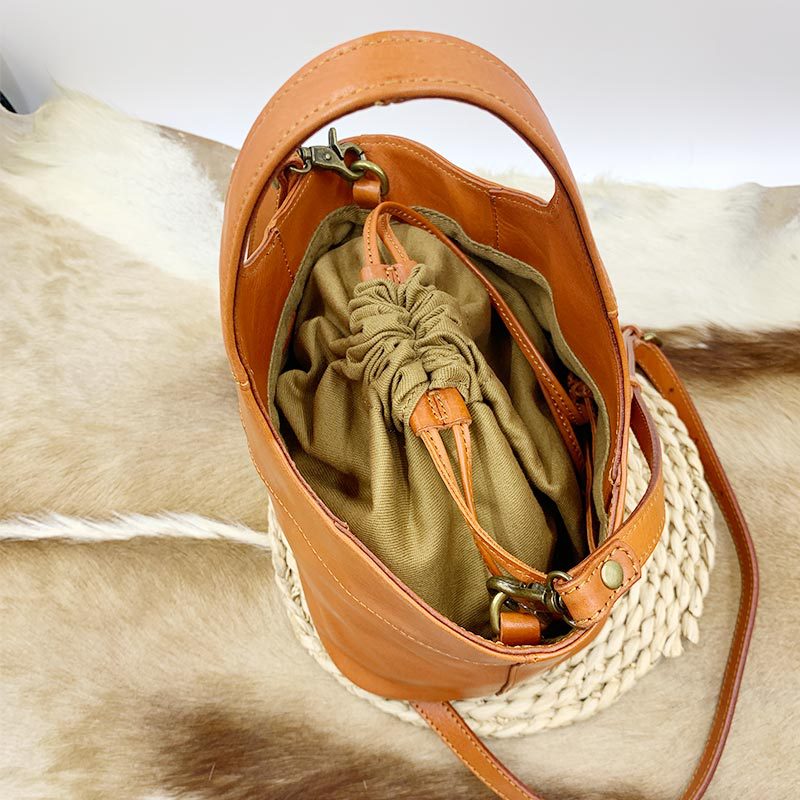 Women's Layer Cowhide Vintage Flower Basket Vegetable Handbags