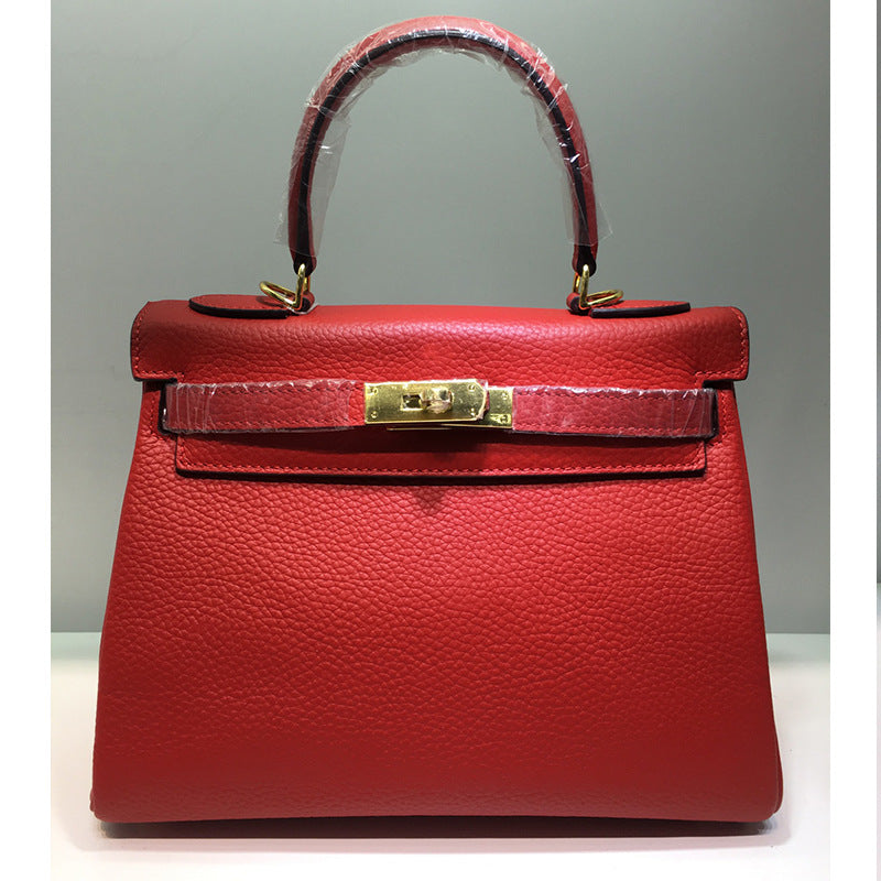 Women's Litchi Pattern First Layer Cowhide Kelly Handbags