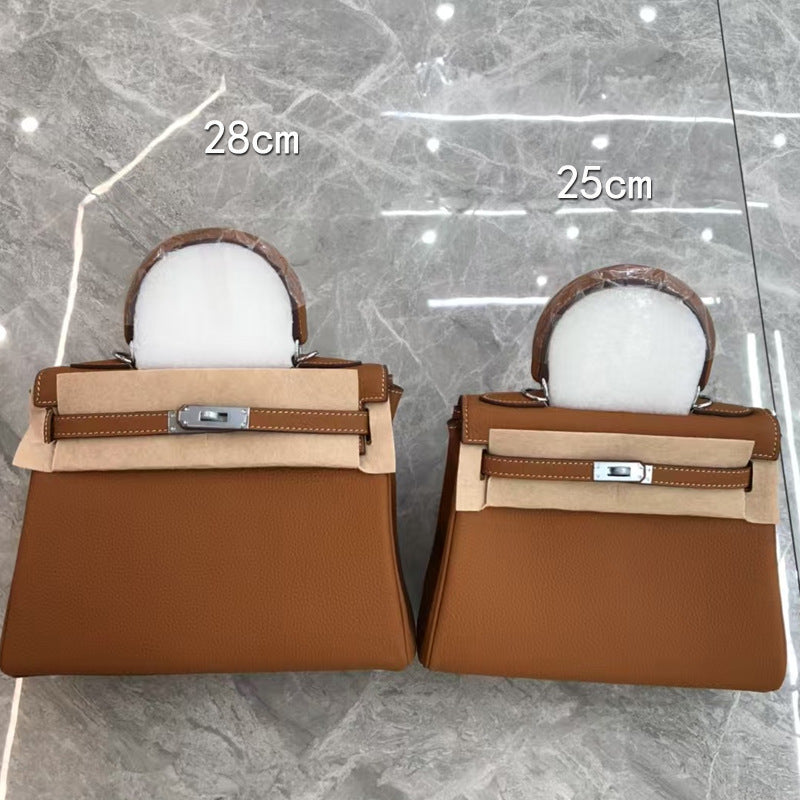 Women's Litchi Pattern First Layer Cowhide Kelly Handbags