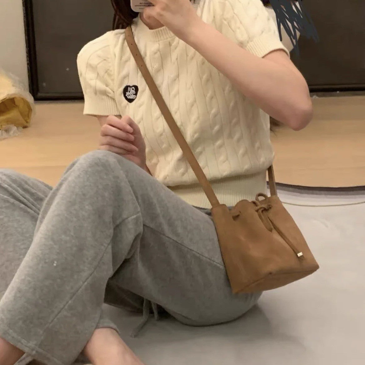 Soo Lin Genuine Leather Drawstring Versatile Bucket Bags