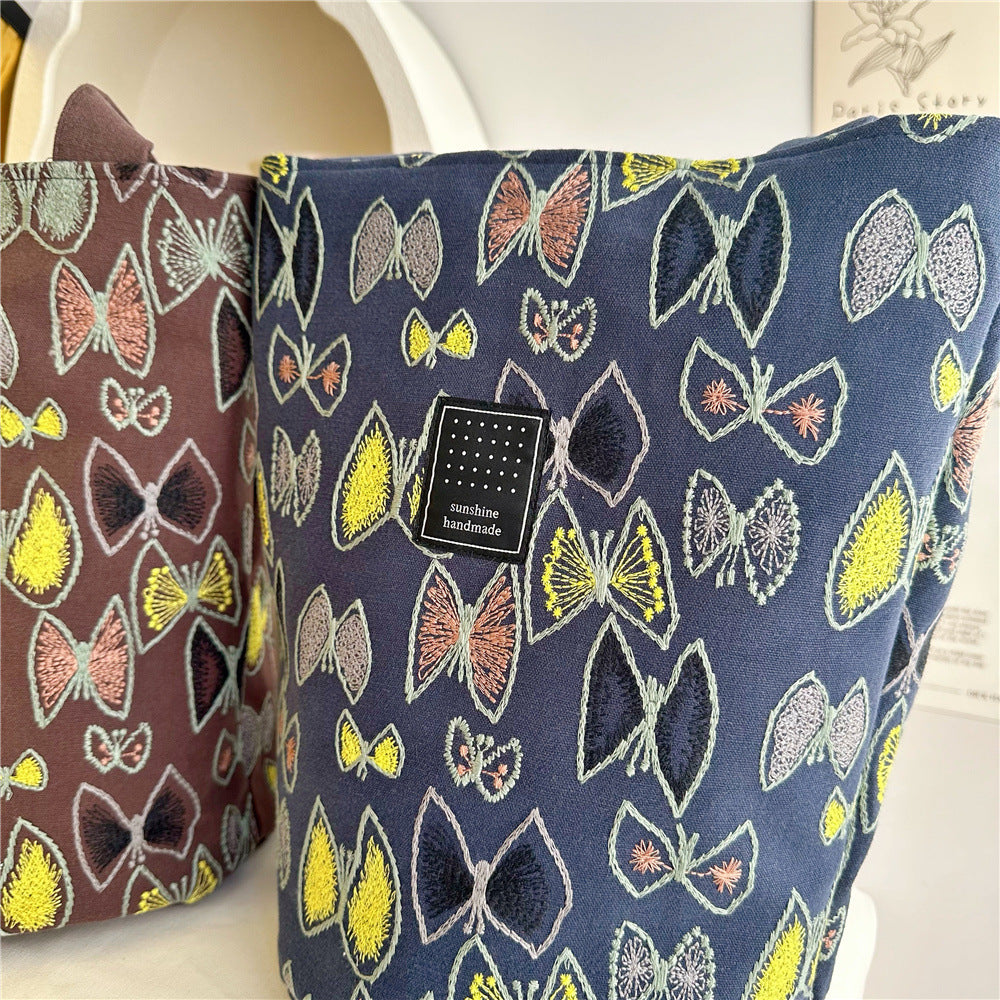 Women's Cotton Linen Embroidery Fabric Round Barrel Bucket Bags