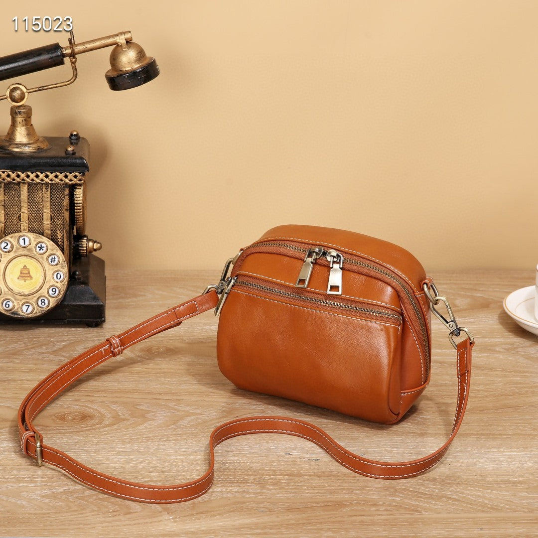 Women's Genuine Leather Top Layer Vegetable Tanning Contrast Color Shoulder Bags