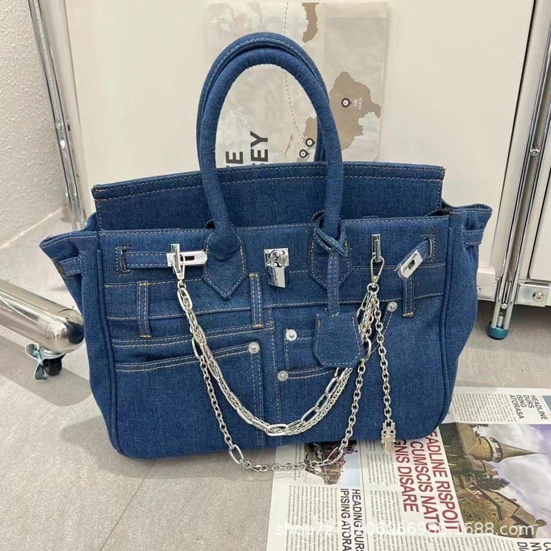 Women's Denim Portable Spoof Pants Pocket Design Tote Bags