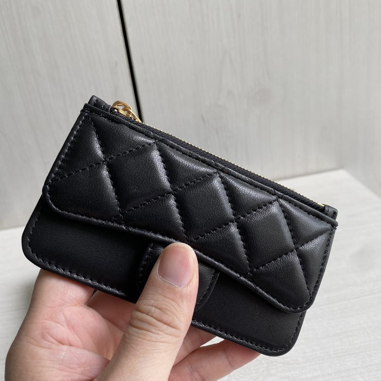 Rhombus Classic Style Genuine Leather Mouth Cover Female Zipper Card Holder