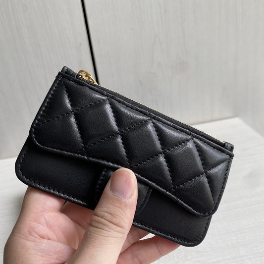Rhombus Classic Style Genuine Leather Mouth Cover Female Zipper Card Holder