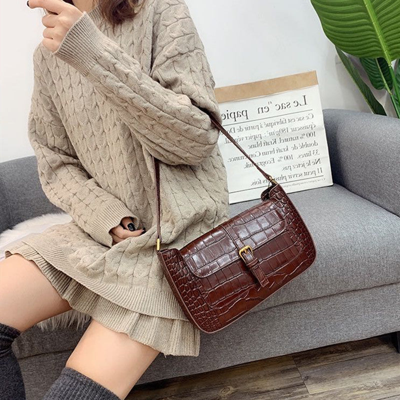 Women's Crocodile Pattern Niche Underarm Baguette Genuine Shoulder Bags
