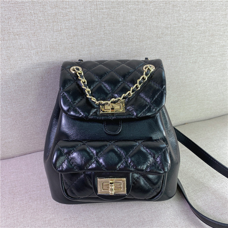 Oil Wax Cowhide Classic Style Rhombus Backpacks