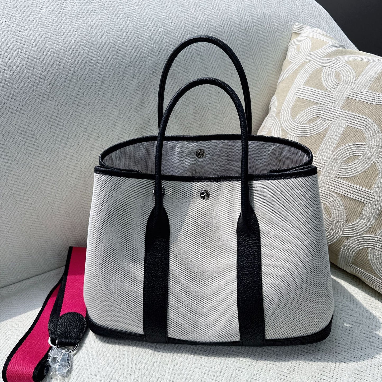 First Layer Cowhide Stitching Canvas Large Bucket Bags