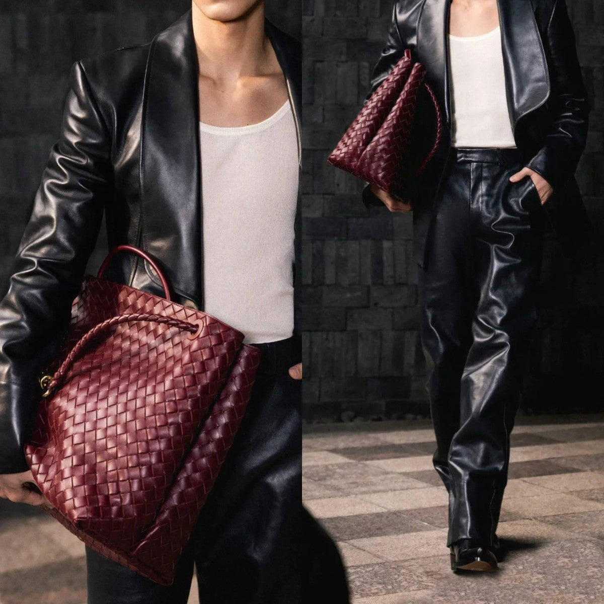 Women's Bow Metal Cord Fastener Woven Genuine Leather Shoulder Bags
