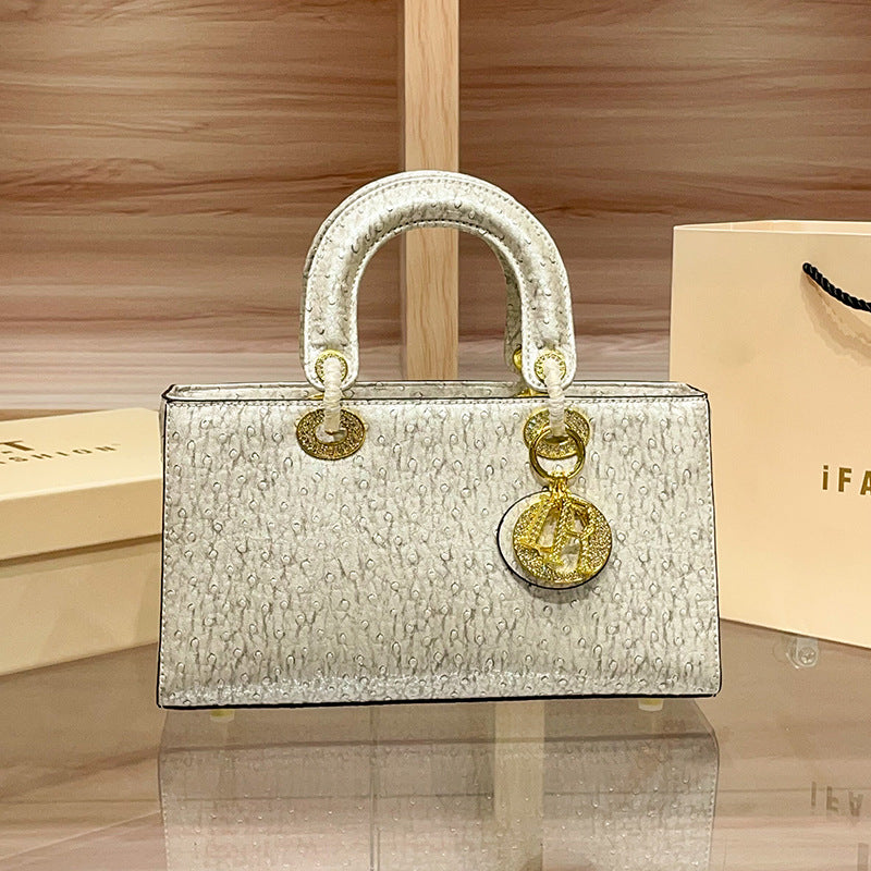 Women's High-grade Genuine Leather Ostrich Grain Portable Diana Shoulder Bags