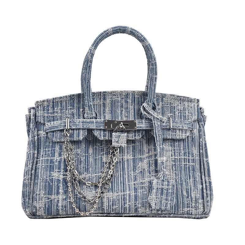 Large Capacity Denim Blue Portable Platinum Shoulder Bags