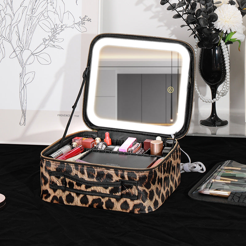 Large Capacity With Light Storage Mirror Removable Partition Hair Cosmetic Bags