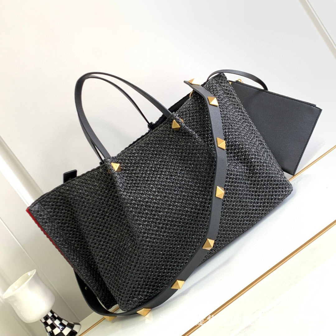 Women's Retro Portable Shopping Woven Genuine Leather Crossbody Bags