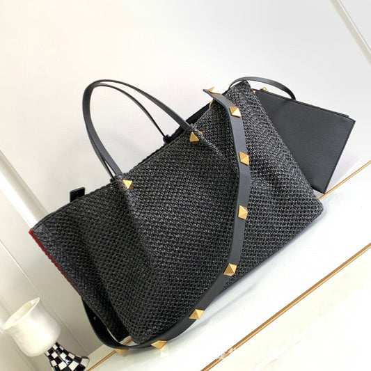 Women's Retro Portable Shopping Woven Genuine Leather Crossbody Bags