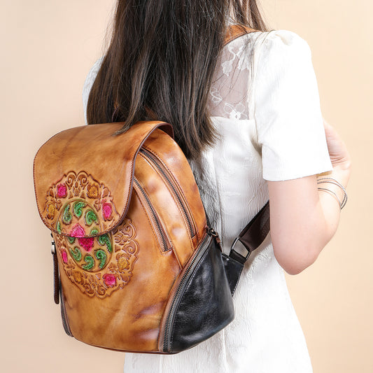 Women's Leather Ethnic Style Retro Hand-rub Color First Backpacks