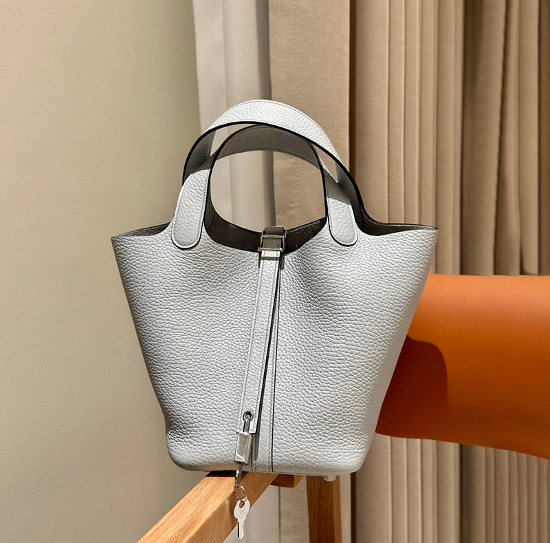 Women's Line Vegetable Basket Genuine Leather Litchi Pattern Handbags