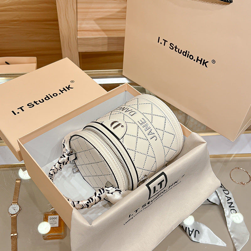 Women's Genuine Leather High-grade Round Fashion Cylindrical Bucket Bags