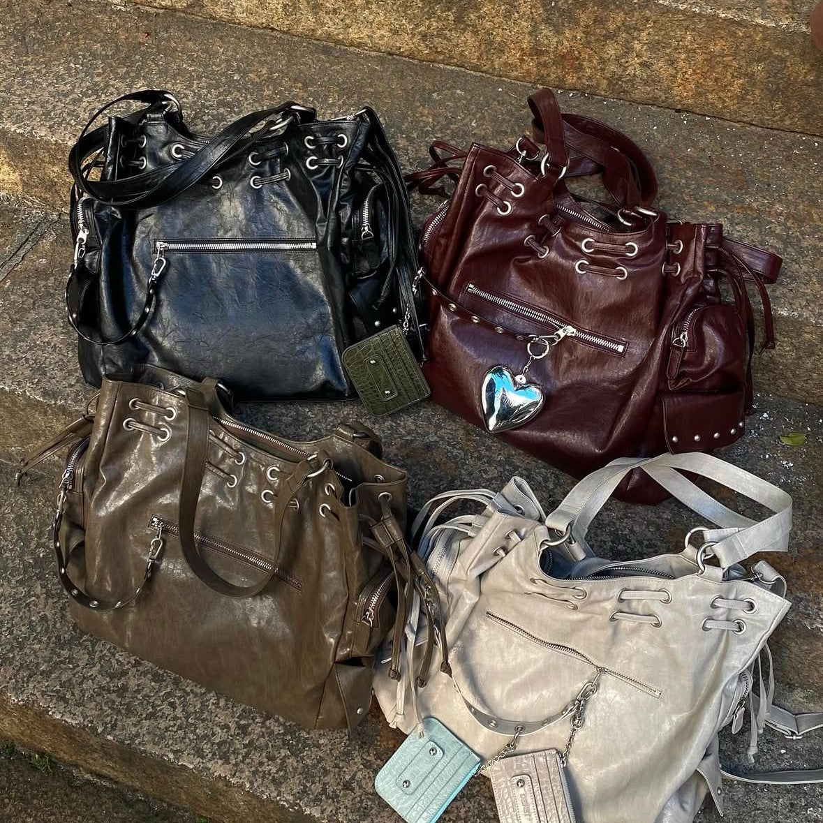 Women's Niche Motorcycle Large Drawstring Pocket Studded Tote Bags
