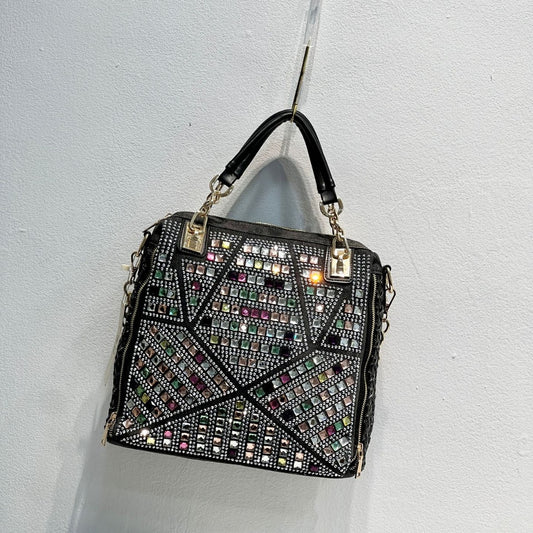 Women's Fashion Rhinestone Denim Diamond Woven Large Tote Bags