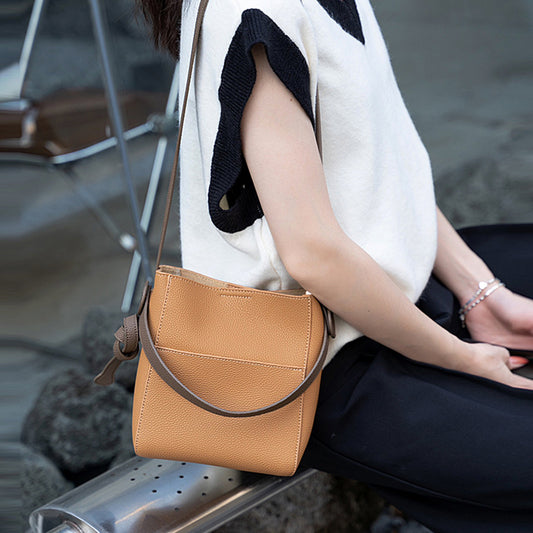 Women's Layer Cowhide Portable Lychee Pattern Commuter Versatile Shoulder Bags