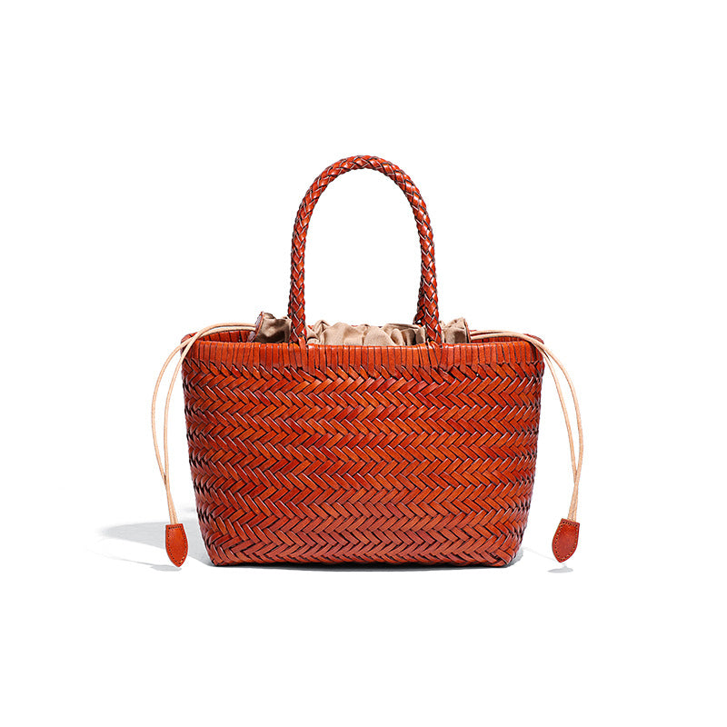 Women's French Food Basket Woven First Layer Cowhide Tote Bags