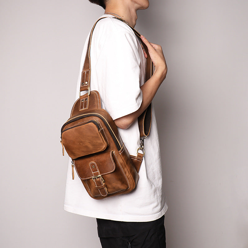 Men's Versatile Retro Crazy Horse Leather Men's Chest Bags