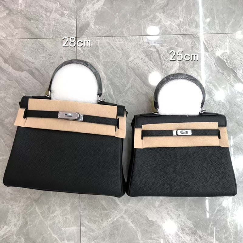 Women's Litchi Pattern First Layer Cowhide Kelly Handbags