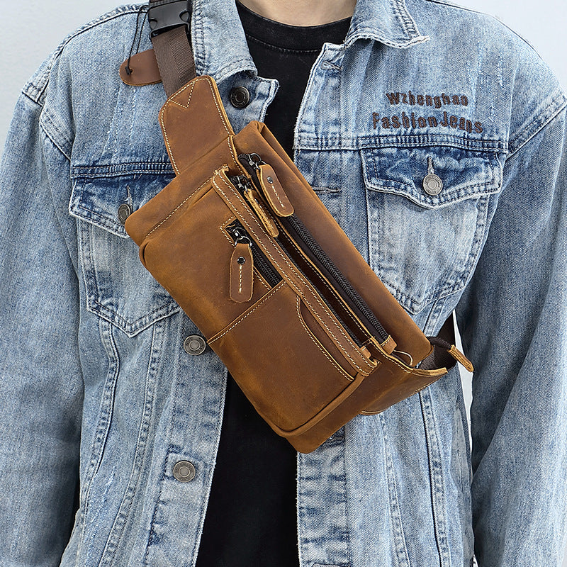 Men's Retro Leather Pocket Pouch Cowhide Motorcycle Men's Chest Bags