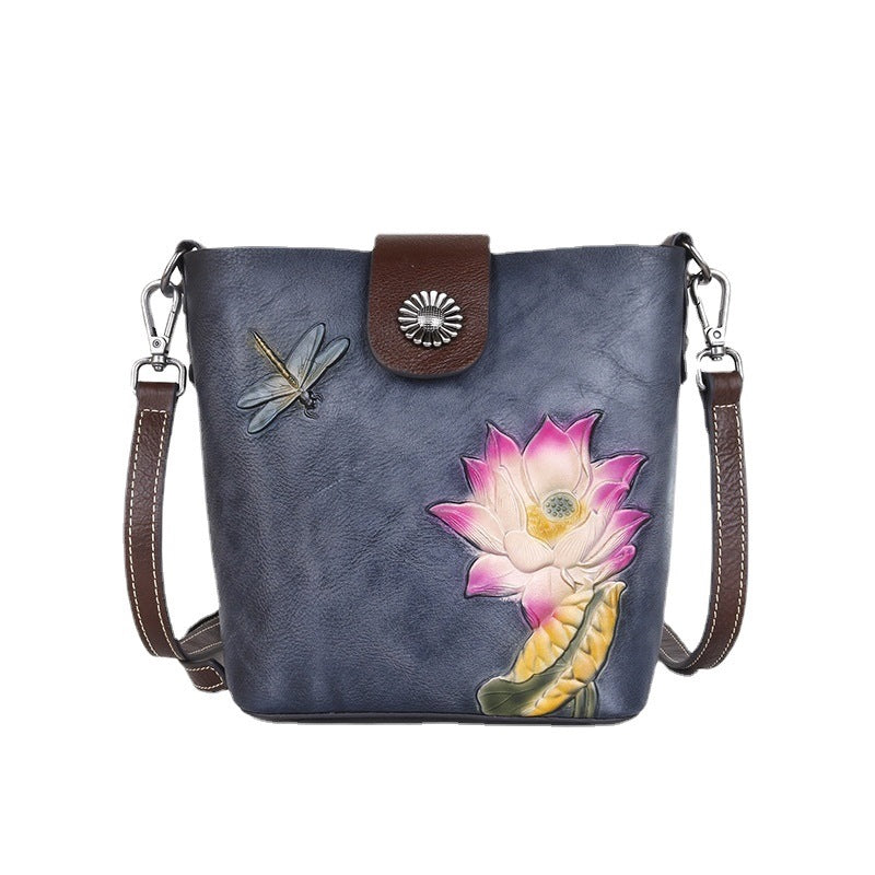 Top Layer Cowhide Leather Retro Embossing Colored Shoulder Bags