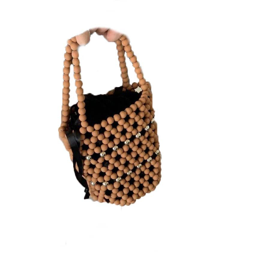 Women's Hand-woven With Wooden Beads Decoration Versatile Vacation Style Bucket Bags