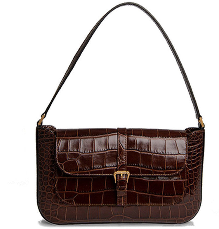 Women's Crocodile Pattern Niche Underarm Baguette Genuine Shoulder Bags