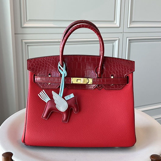 Women's Layer Cowhide Lychee Pattern Stitching Crocodile Large Capacity Handbags