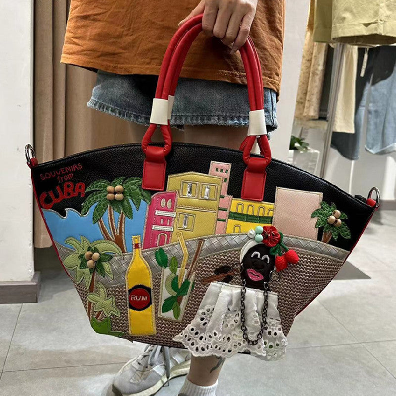 Fashion Large Capacity Creative Stitching Embroidery Vegetable Shoulder Bags