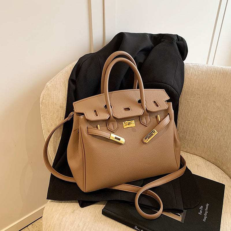 Women's Capacity Lychee Pattern Portable Kelly Fashion Lock