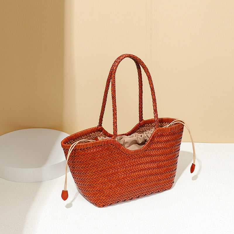 Retro Vegetable Basket Top Layer Cowhide Leather Design Tote Bags