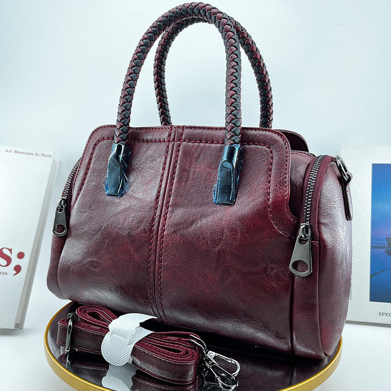 Women's Big Boston Soft Leather Fashion Woven Handbags