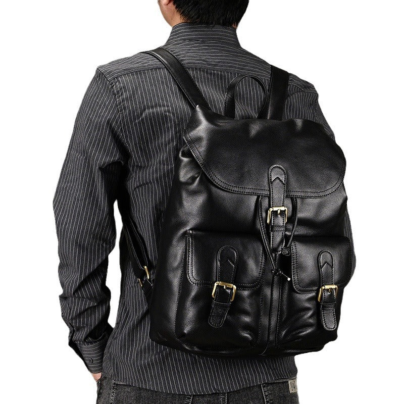 Women's & Men's & Leather Large Capacity Fashion Napa Black Can Backpacks