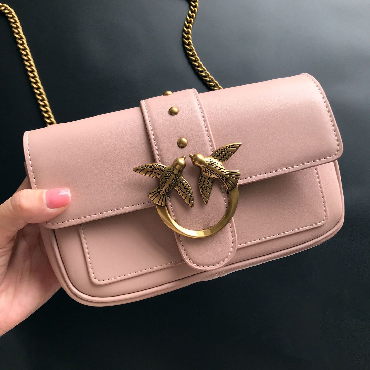Women's High Quality Leather Rivets Chain Swallow Small Square Bags