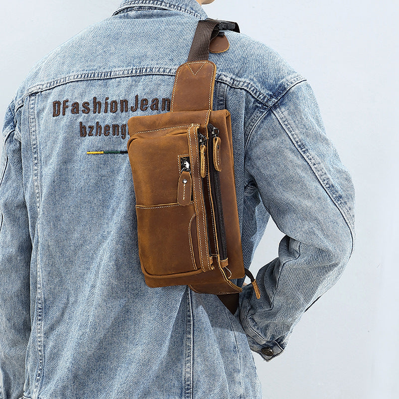 Men's Retro Leather Pocket Pouch Cowhide Motorcycle Men's Chest Bags