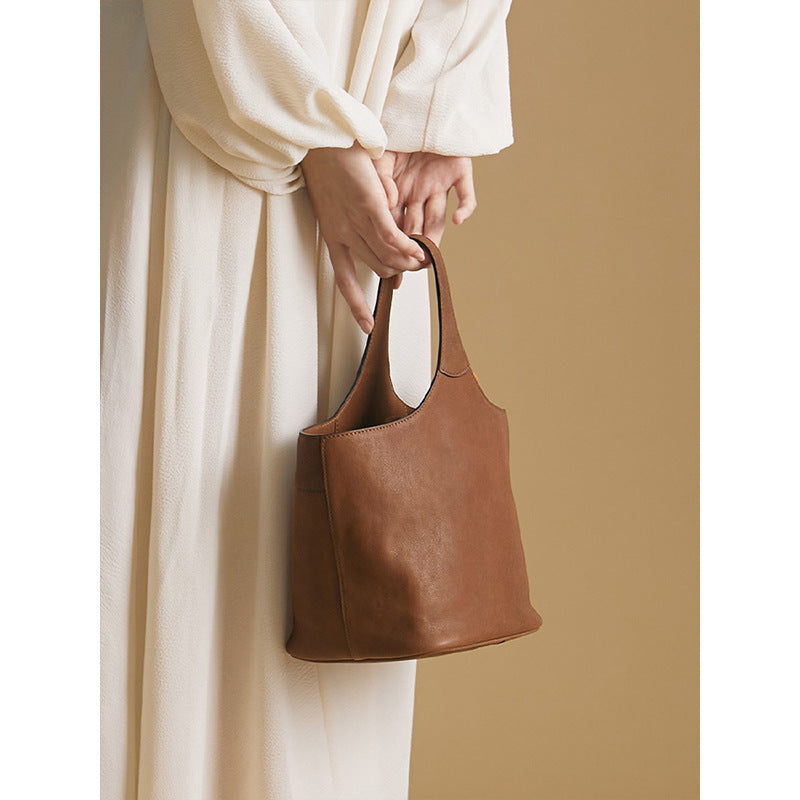 Women's Leather Vintage Genuine Flower Basket Commuter Bucket Bags