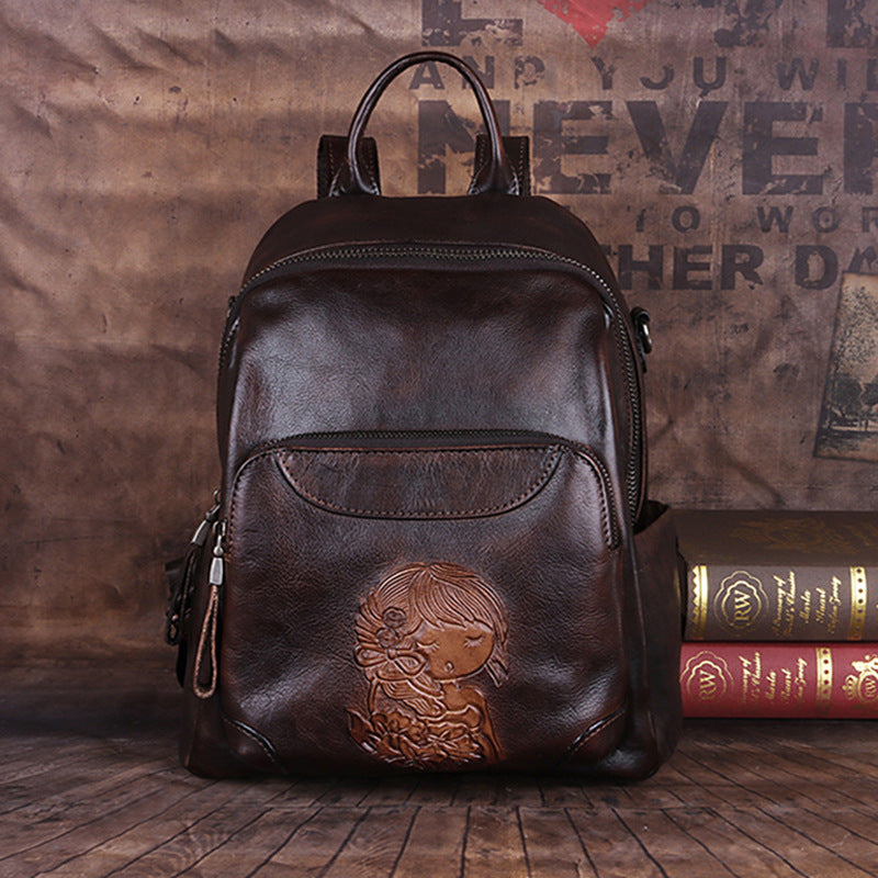 Women's First Layer Cowhide Chinese Style Retro Backpacks