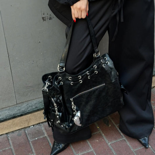 Women's Niche Motorcycle Large Drawstring Pocket Studded Tote Bags