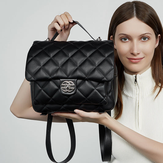 Women's Leather Classic Style High-grade Diamond Plaid Backpacks
