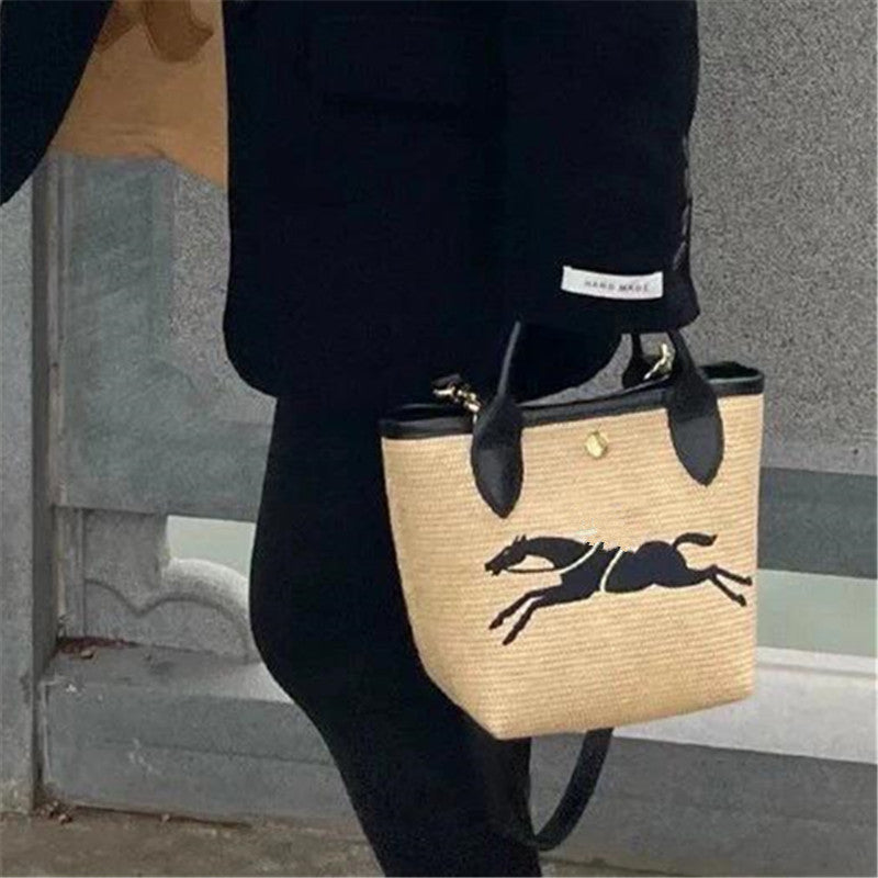 Women's Straw Woven Big Horse Summer Beach Tote Bags