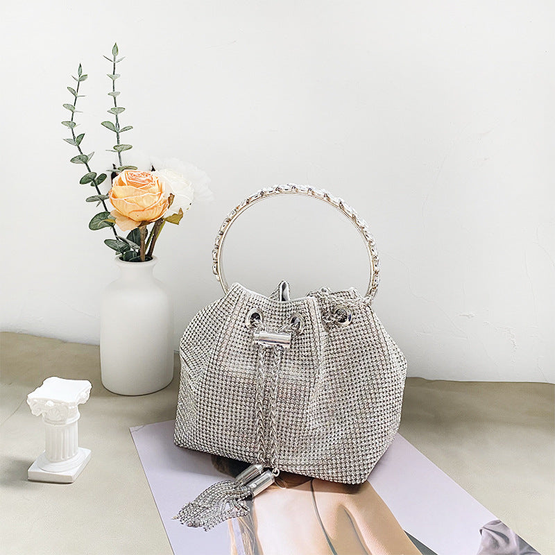 Women's Rhinestone Tassel Shiny Semicircle Hot Drilling Portable Bags