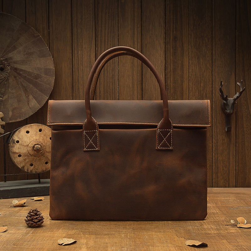 Men's Handmade Genuine Leather Hand-held Business Cow Handbags