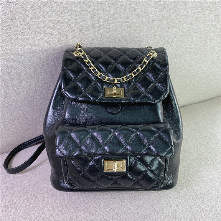 Oil Wax Cowhide Classic Style Rhombus Backpacks