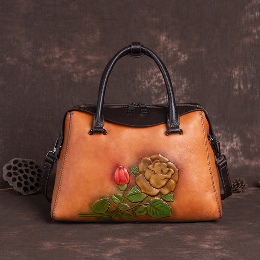 Women's First Layer Cowhide Retro Style Embossed Color Bags